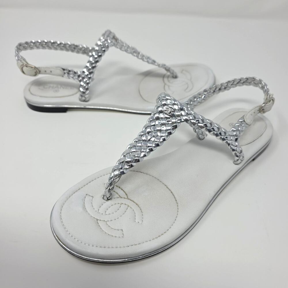 Chanel CC Logo Braided Metallic Leather Thong Sandals White Silver IT 37.5 US 7